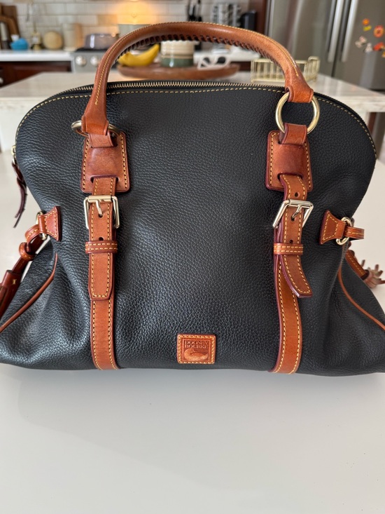 Dooney & Bourke Handbags - Dooney & Bourke Black Pebbled Leather Satchel with Brown Trim and Brass Hardware